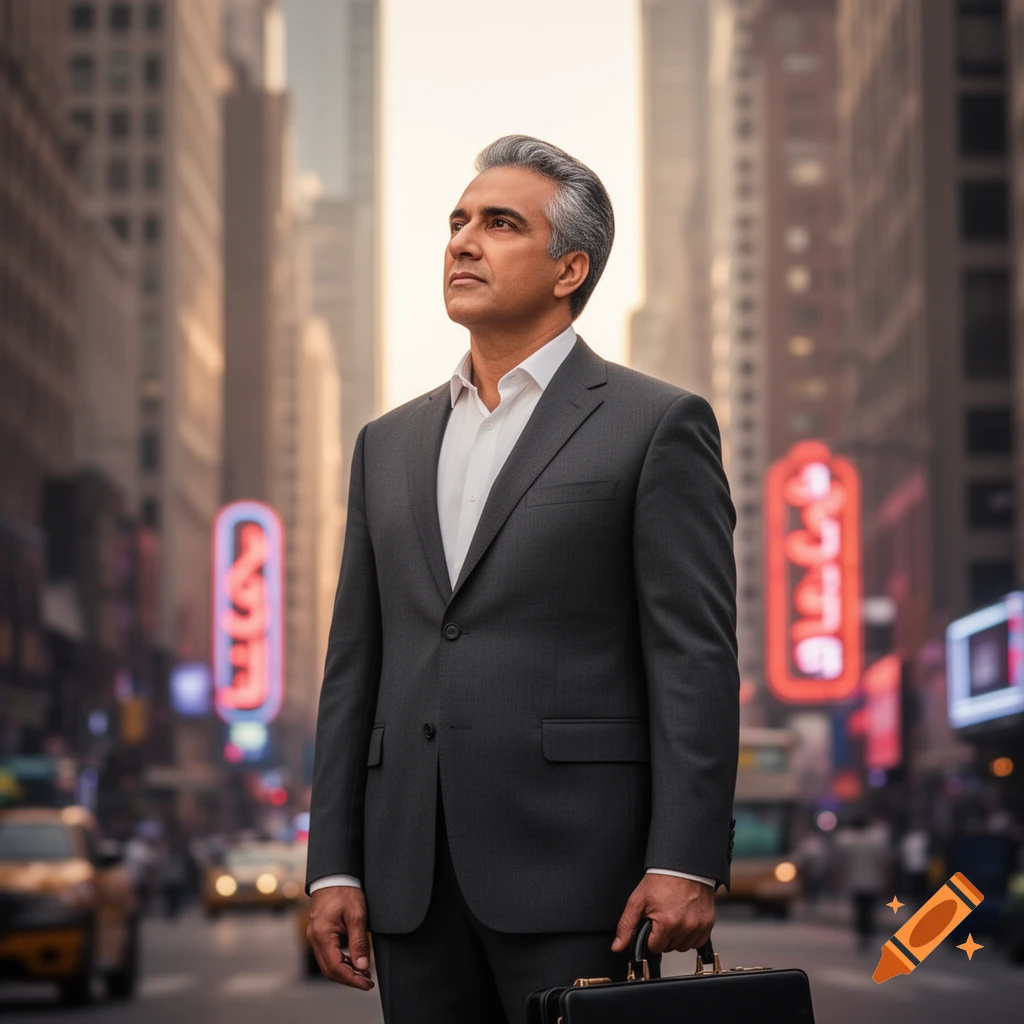 A man in a dark suit holding a briefcase stands on a city street, looking up, with blurred skyscrapers and neon signs in the background.