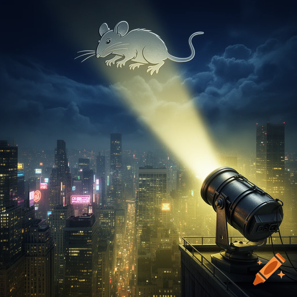 A spotlight projects a white silhouette of a mouse into the dark, cloudy night sky above a sprawling, illuminated city.