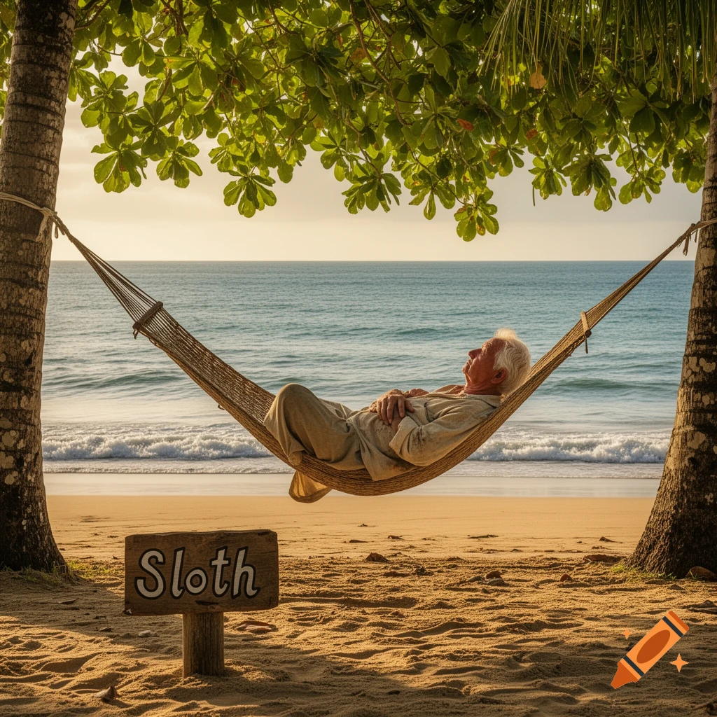 An old man sleeps peacefully in a hammock tied between two palm trees on a sunny beach, with a sign reading "Sloth" in the sand.
