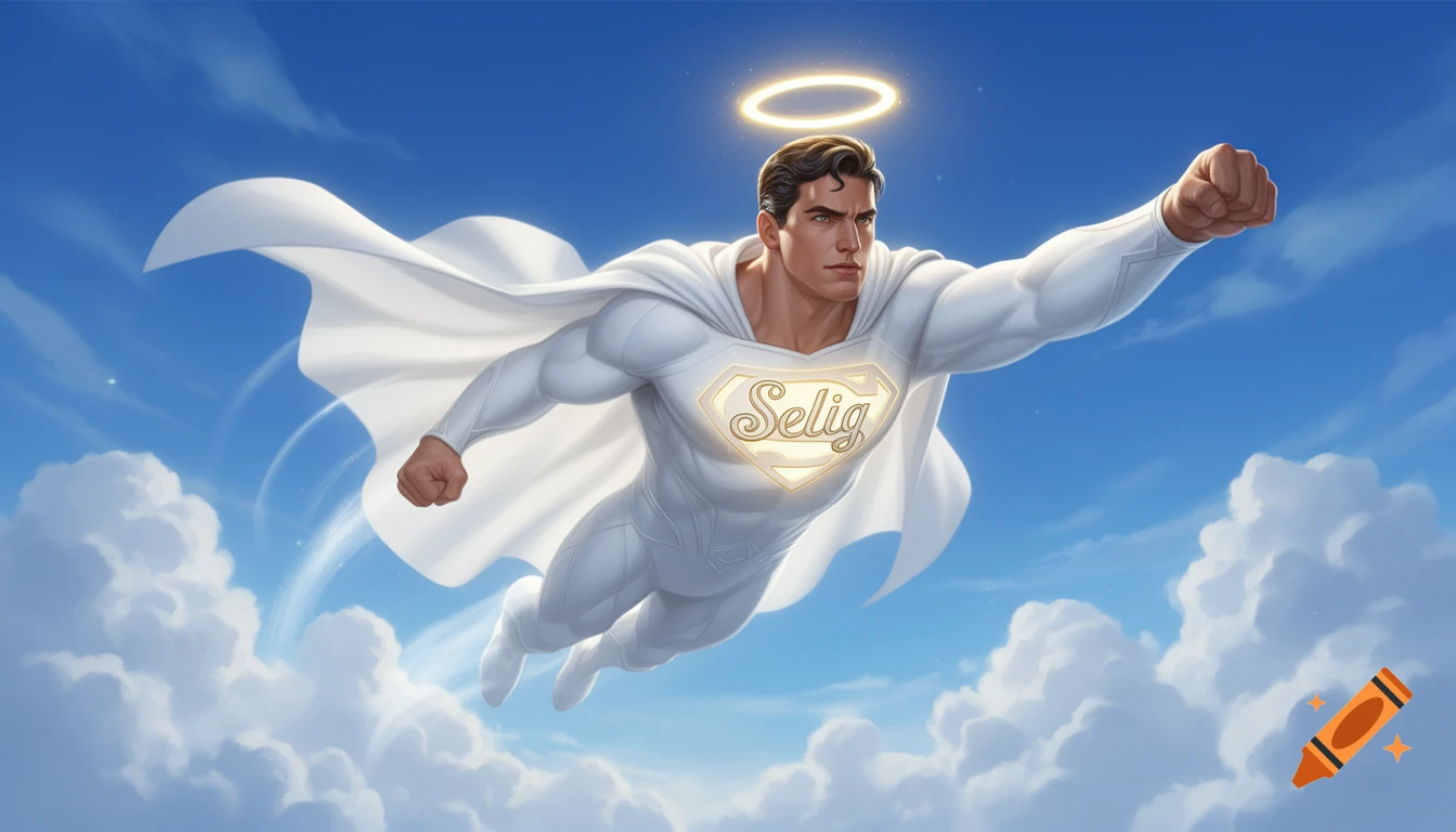 A superhero in a white suit with a halo and 'Selig' on his chest flies through a blue sky with clouds in an illustrated style.
