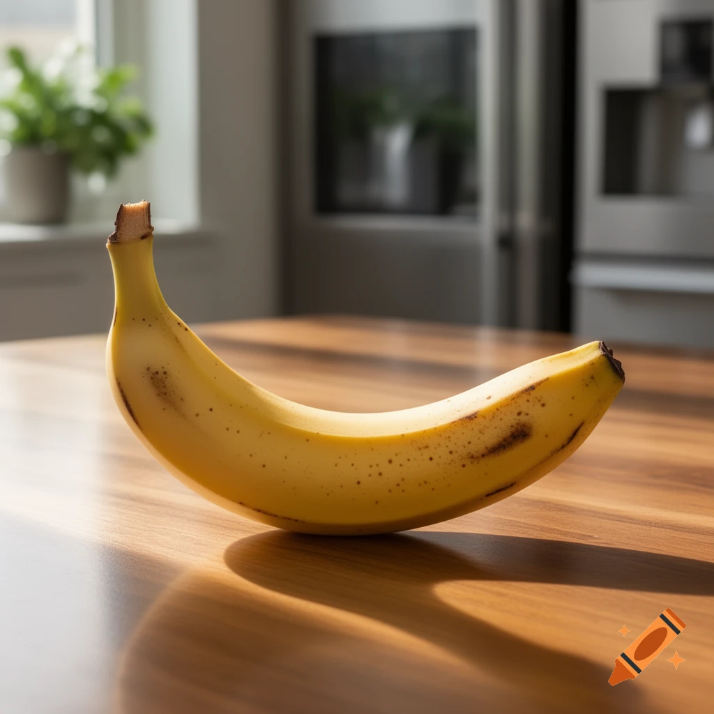 A single ripe yellow banana with brown spots rests on a polished wooden table, with a blurred kitchen and window in the background, illuminated by sunlight.