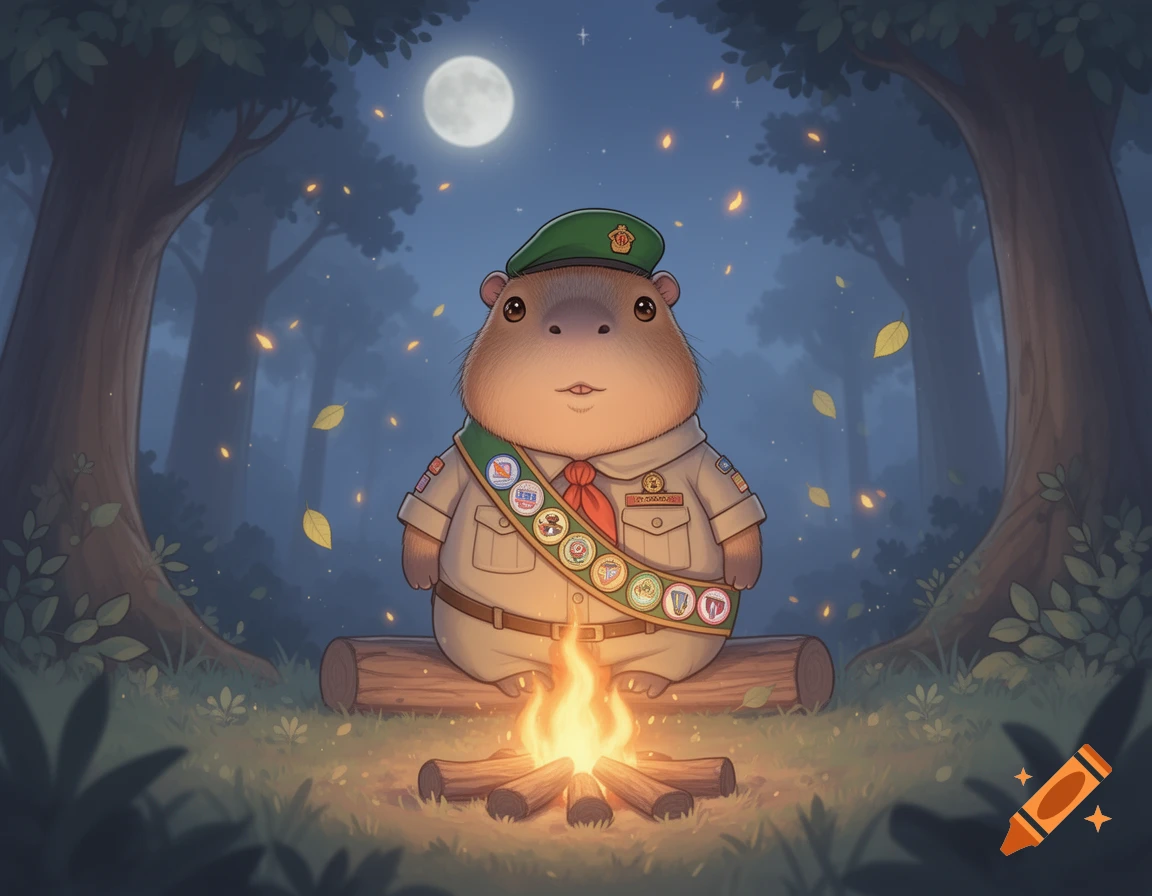 A cute kawaii capybara scout with badges sits on a log by a campfire in a dark forest under a full moon.
