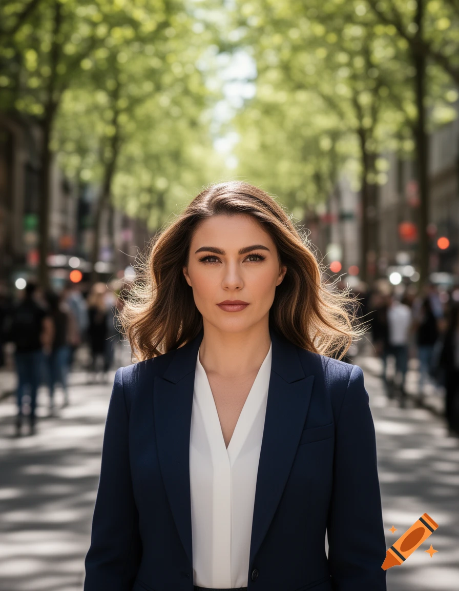 A young woman in a dark blue suit jacket and white blouse looks forward on a sunlit street with trees and blurry people.