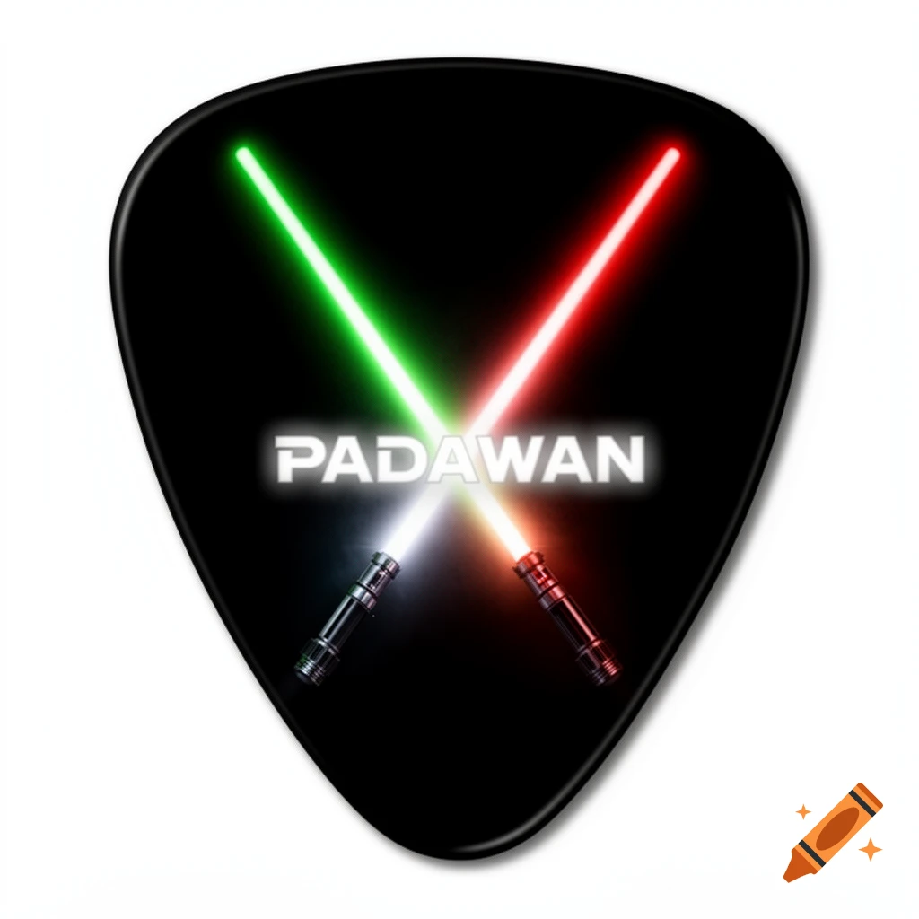 A black guitar pick with crossed green and red lightsabers and the glowing white word PADAWAN.