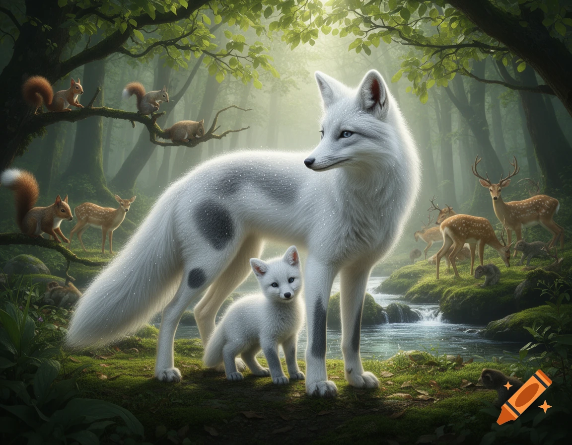 A white fox and its cub stand by a stream in a lush, sun-dappled forest, surrounded by deer, squirrels, and small rodents.