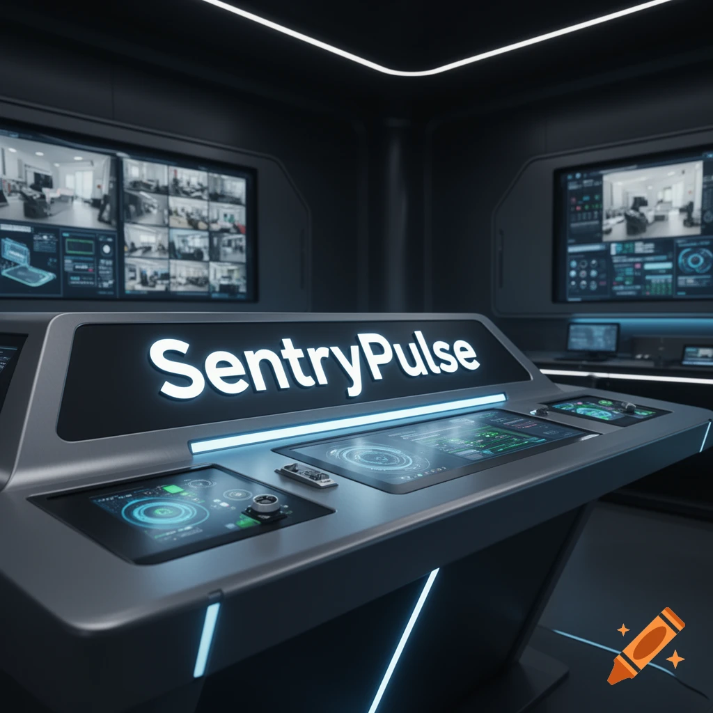 A futuristic control console with 'SentryPulse' illuminated, surrounded by multiple surveillance screens in a dark room with blue light accents.