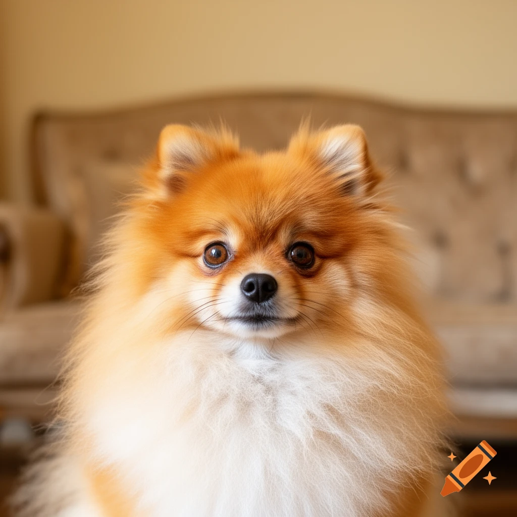 A fluffy orange and white Pomeranian dog with big eyes looks forward, a blurred couch in the background.