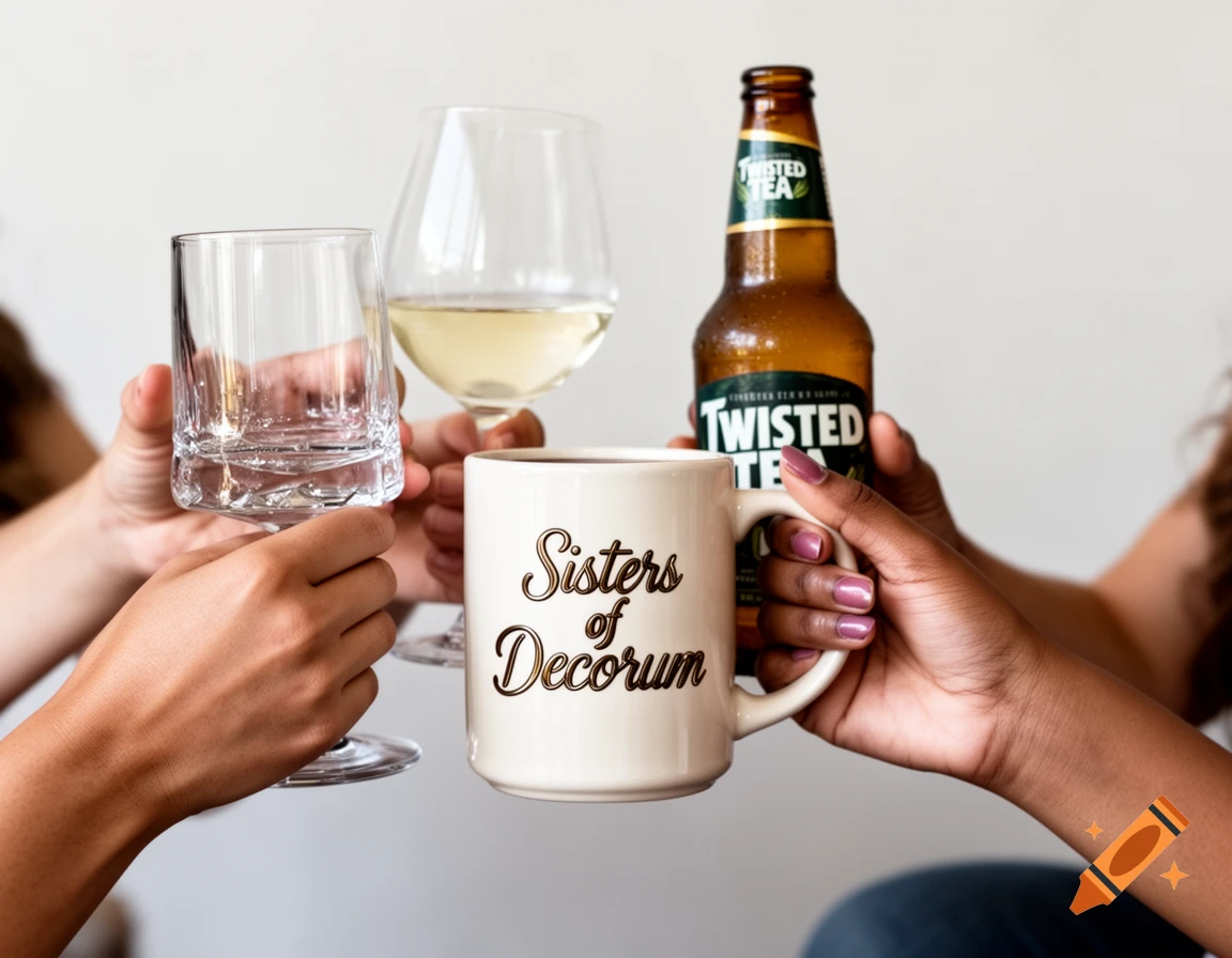 Four people clinking glasses and a mug, holding a whiskey glass, a wine glass, a mug with "Sisters of Decorum" text, and a "Twisted Tea" bottle.
