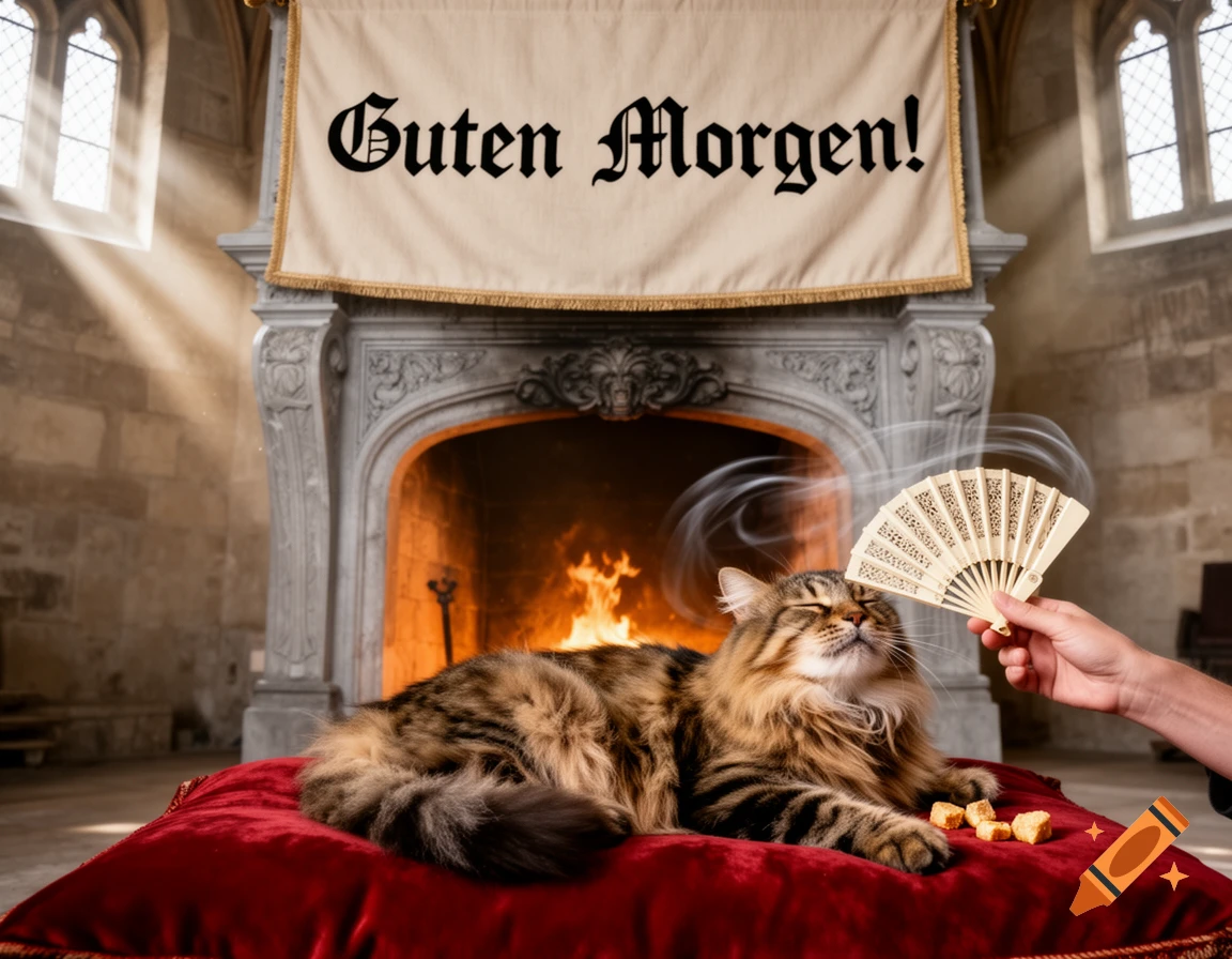 A pampered cat lounges on a red pillow in front of a grand fireplace, being fanned, under a banner reading 'Guten Morgen!'.