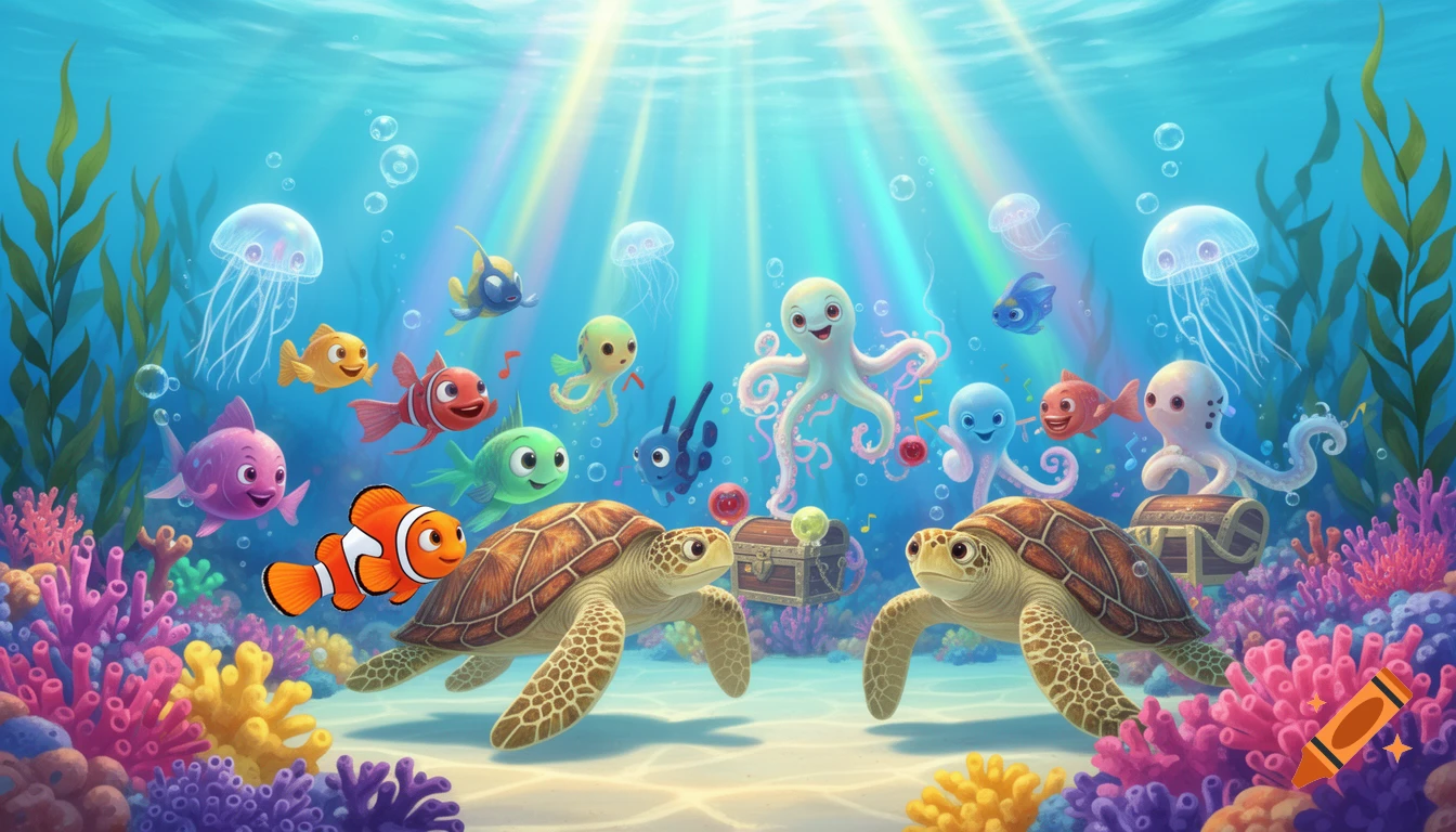 A vibrant animated underwater scene with cartoon fish, octopuses, jellyfish, and sea turtles swimming among colorful coral and sea plants, with sunbeams from above.