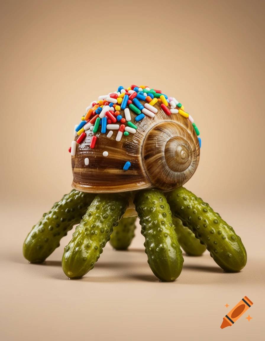 A snail shell covered in colorful sprinkles stands on multiple pickle legs on a beige background, in a photorealistic style.