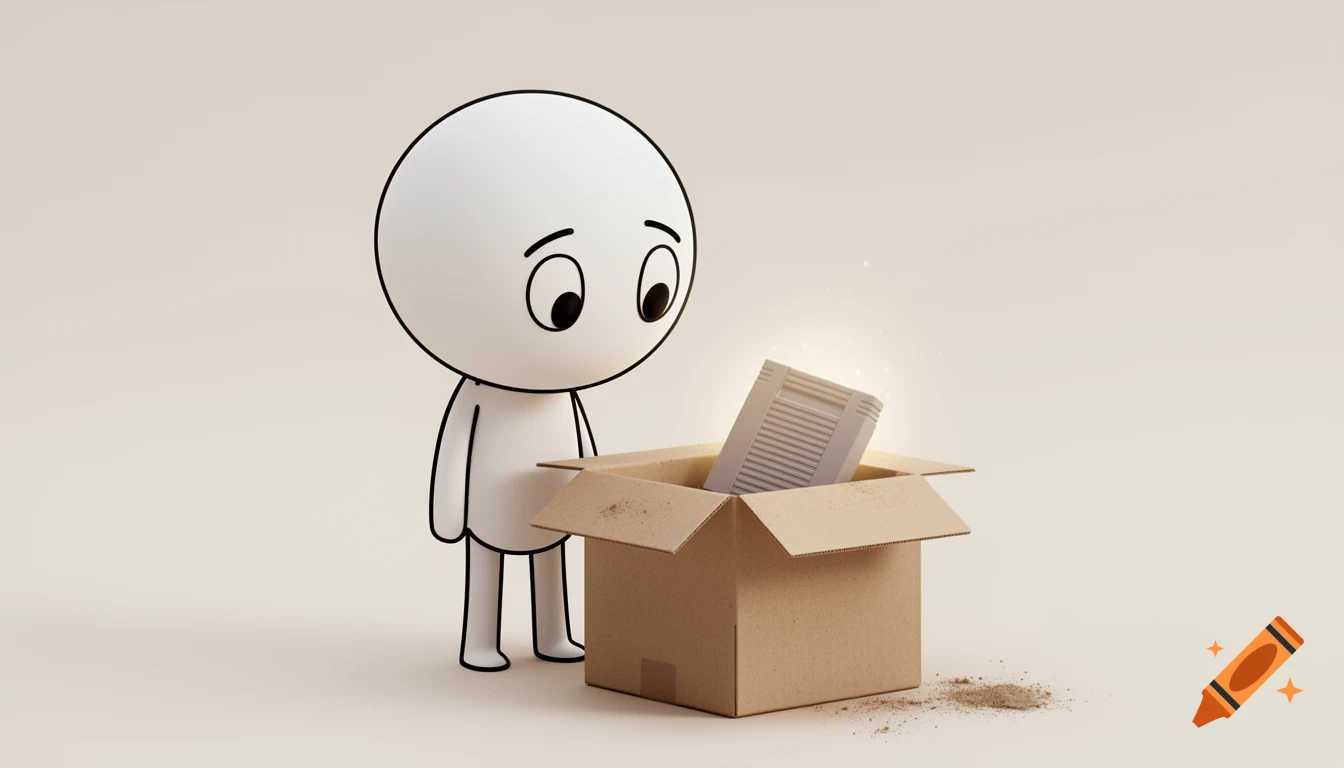 A simple white cartoon character with black outlines looks into a dusty cardboard box holding a glowing retro video game cartridge.