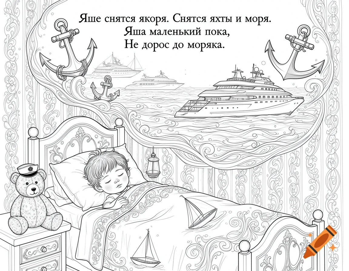 Black and white coloring page showing a child sleeping in bed, dreaming of anchors, yachts, and the sea, with Russian text.