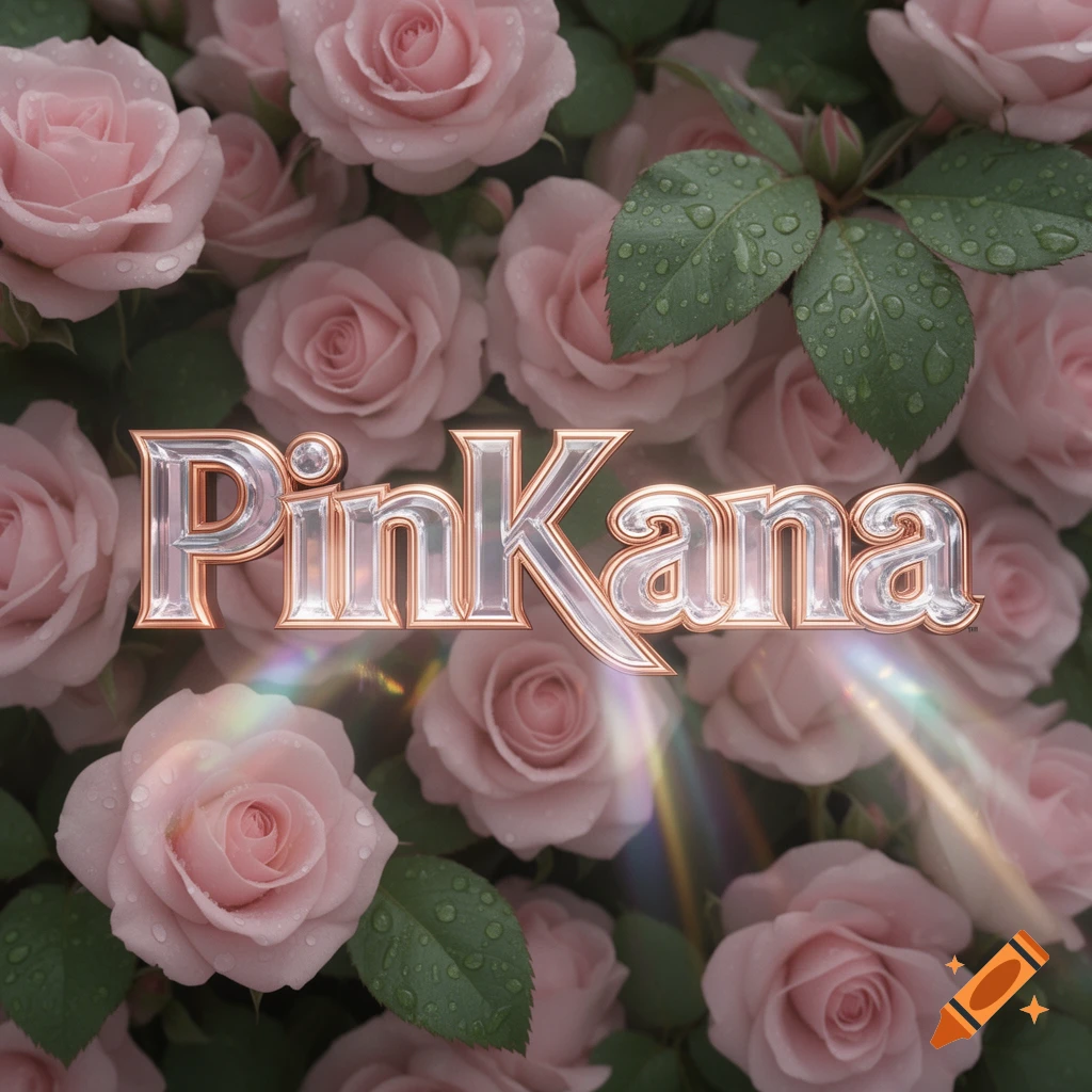 3D render of 'PinKana' in rose gold and crystal, set against a dense wall of dewy pastel pink roses and green leaves.