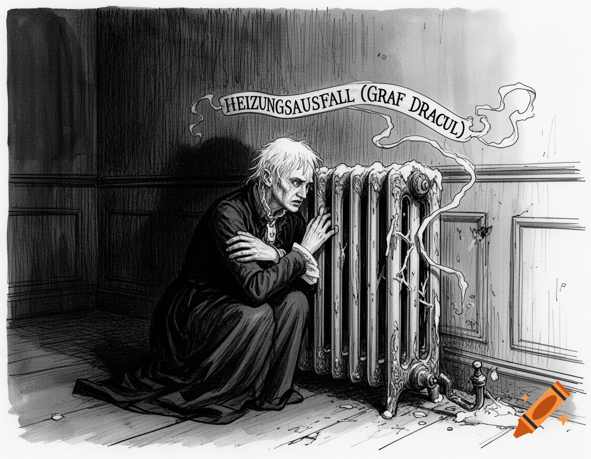 Black and white gothic illustration of a pale man in Victorian attire shivering by a frozen radiator.