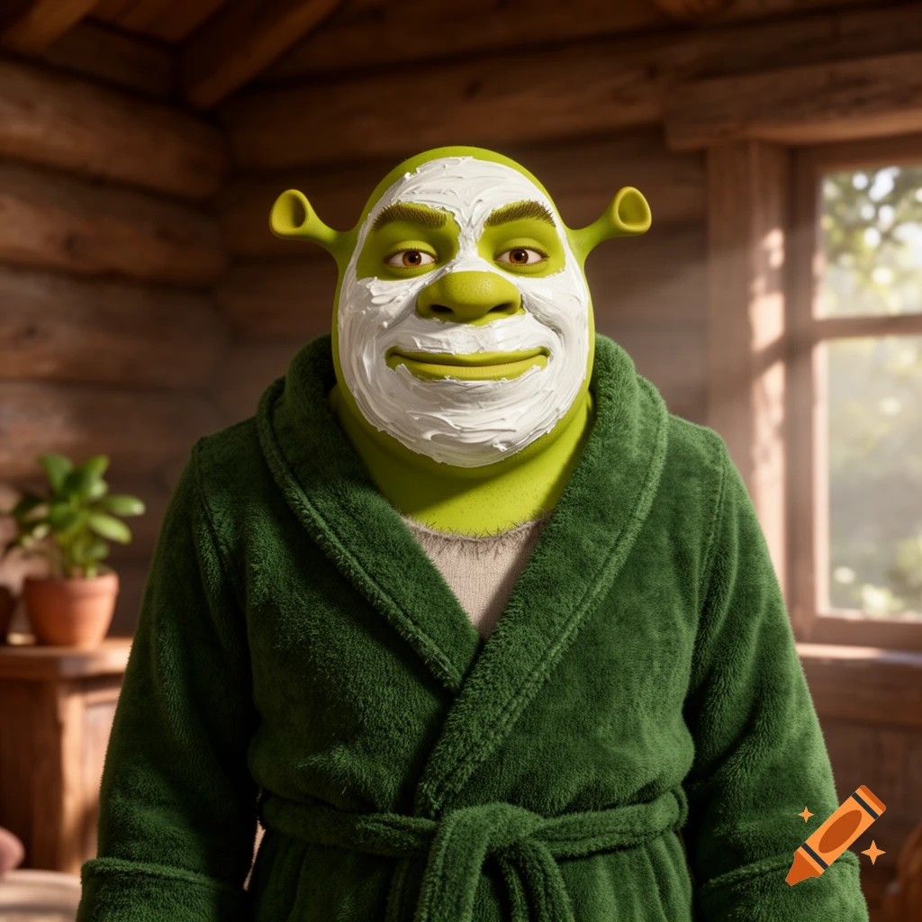 Shrek with a white face mask and a green robe smiles in a cozy wooden room.