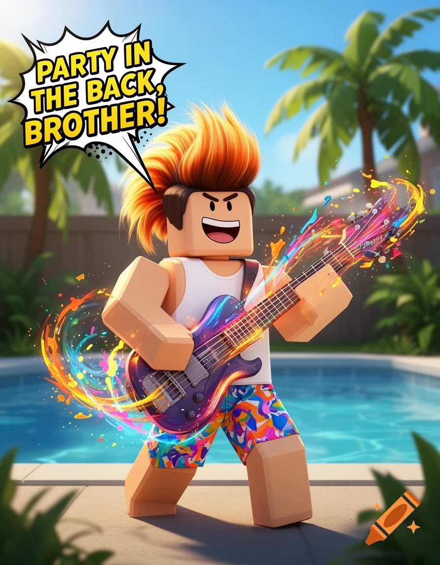 A blocky Roblox-style character with a mullet plays an electric guitar by a pool under a speech bubble saying 'Party in the back, brother!'