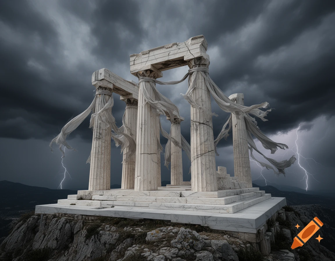 Ancient Greek temple ruins with white marble pillars draped in fabric on a rocky mountain under a dark, stormy sky with lightning.