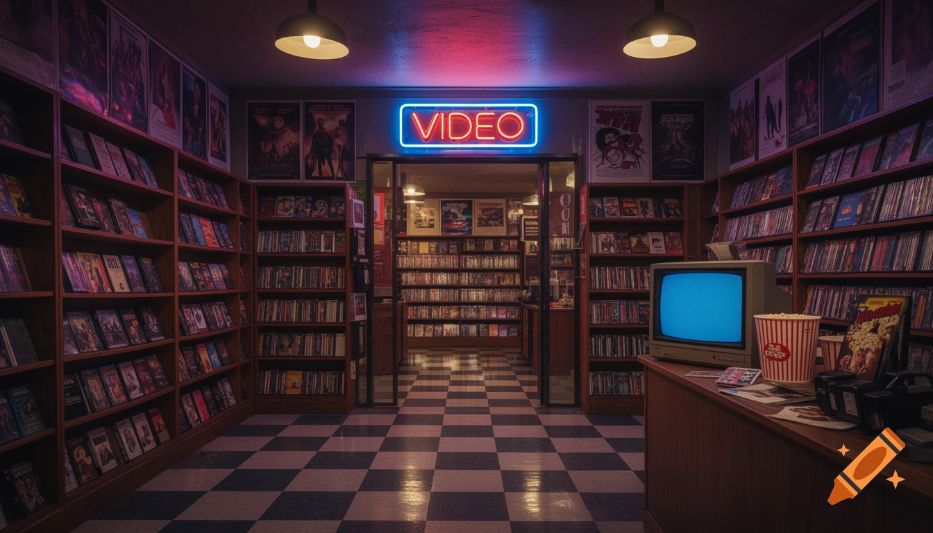 A moody, retro video store interior with shelves full of movies, a neon 'VIDEO' sign, a CRT TV, and popcorn on a counter.