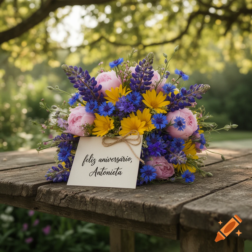 A vibrant bouquet of pink peonies, purple lupines, yellow daisies, and blue cornflowers on a rustic wooden garden table with a birthday tag.