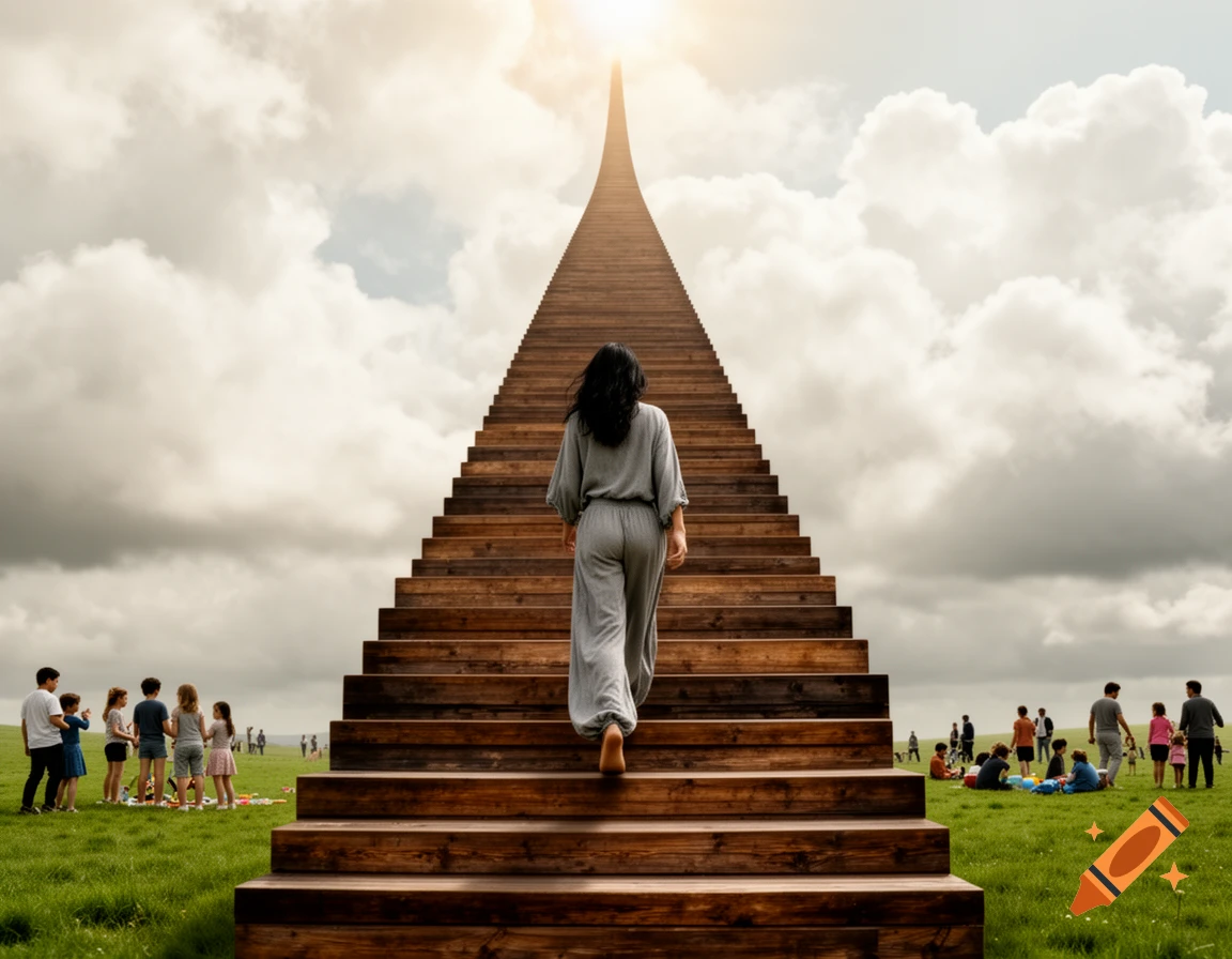 A woman ascends a long wooden staircase leading into bright clouds, while people gather on a grassy field below, in a photorealistic style.