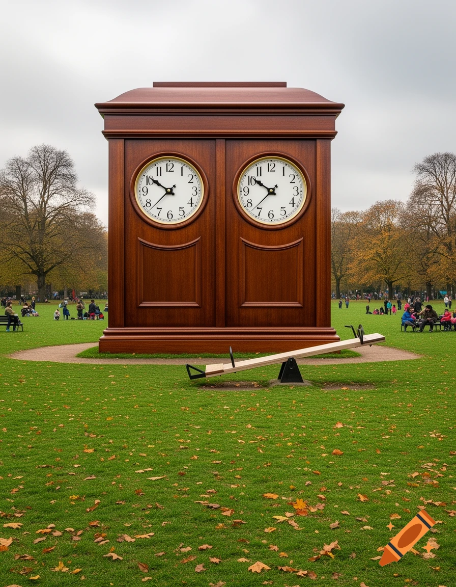 A giant wooden clock with two faces stands in a park with a seesaw in front of it on a cloudy day.
