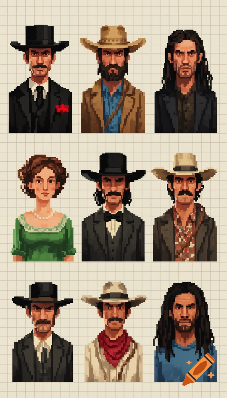 Nine pixel art portraits of various Western-style characters, including cowboys and a woman, arranged in a grid on squared paper.