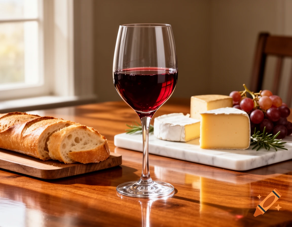 A glass of red wine next to a sliced baguette, cheese, and grapes on a marble board on a wooden table.