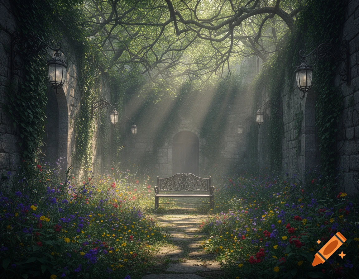 A mysterious secret garden with a stone path leading to a bench, surrounded by colorful wildflowers, ivy-covered stone walls, and sun rays beaming through leafy trees.