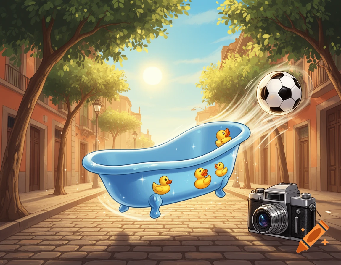 Cartoon illustration of a blue baby bathtub with rubber ducks, a soccer ball, and a camera on a sunny cobblestone street in a town.