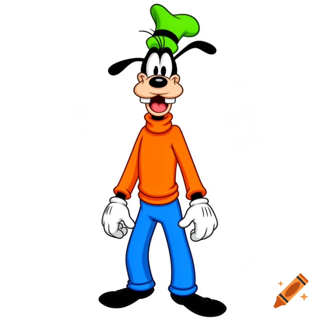 Goofy, a tall cartoon dog in a green hat, orange turtleneck, and blue pants, stands smiling against a white background.