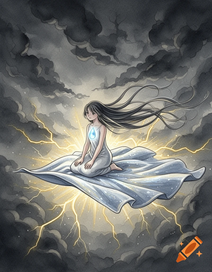 Watercolor illustration of a girl kneeling on a glowing white blanket amidst dark clouds and golden lightning, with a blue light on her chest.