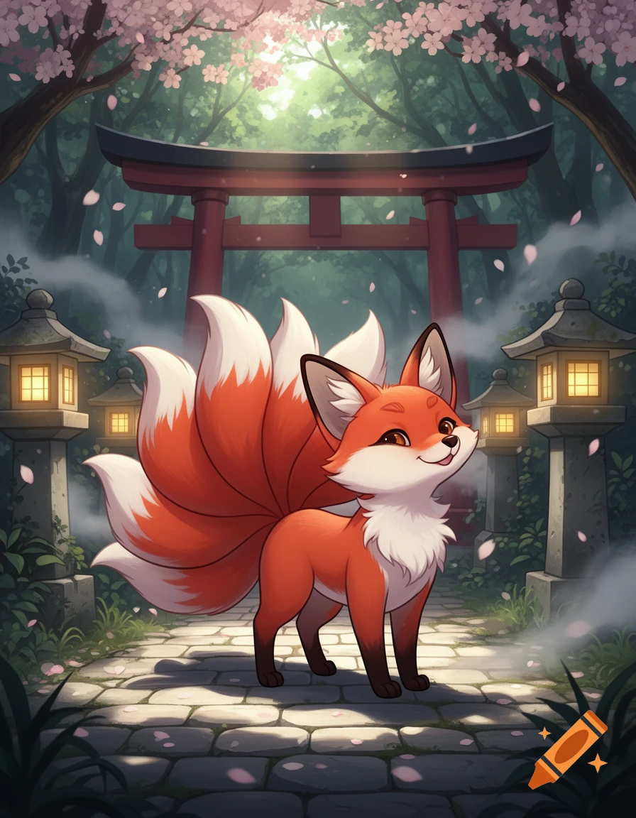 A cute nine-tailed kitsune stands on a stone path in front of a red torii gate at a Japanese shrine with cherry blossoms falling, in an anime style.