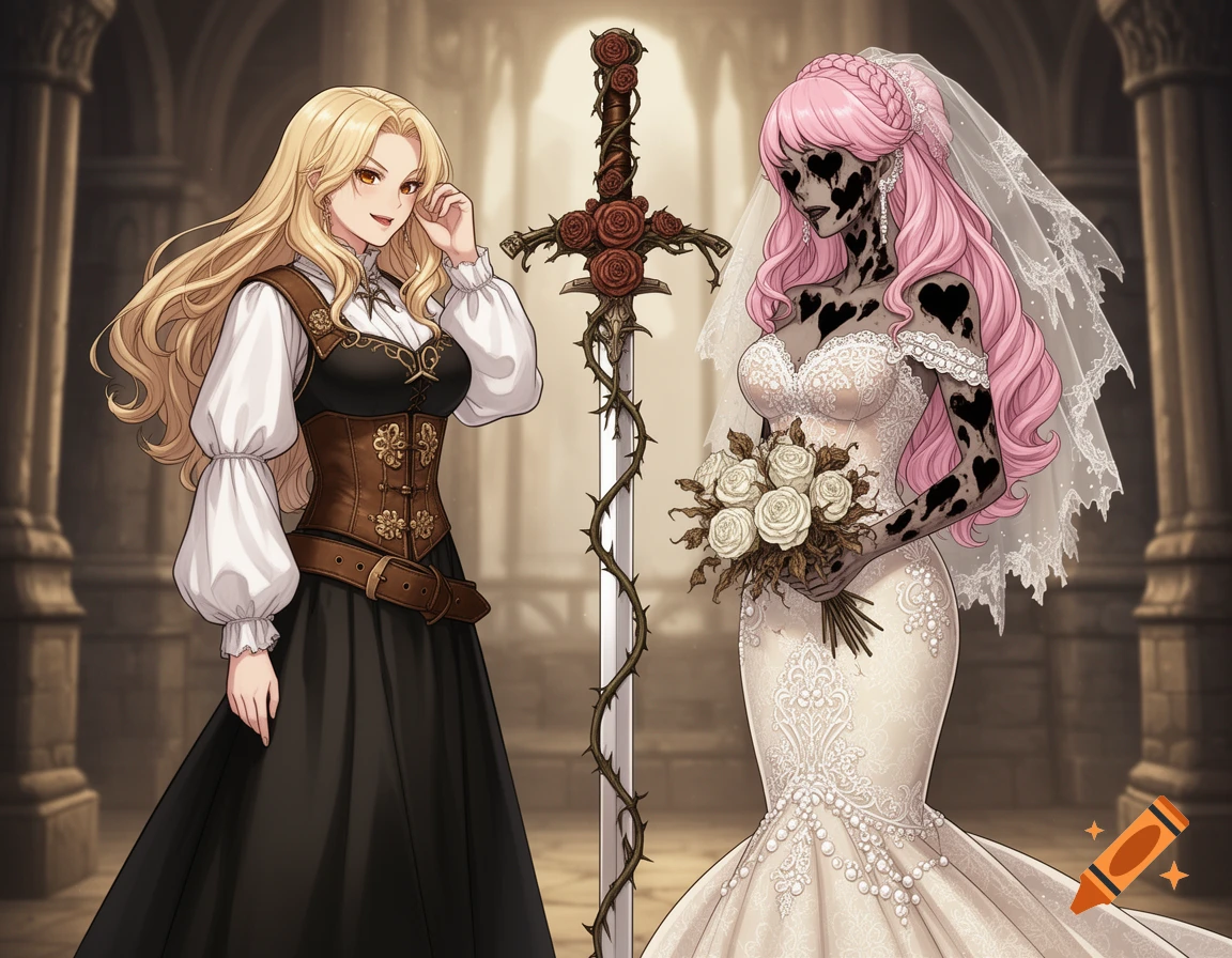 Anime-style woman in medieval attire and a zombie bride flank a thorn-wrapped sword in a gothic hall.