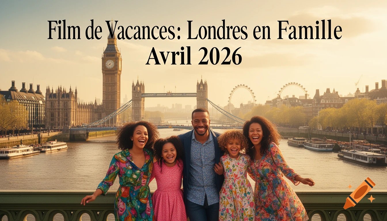 Smiling family poses on a bridge in London with Big Ben and Tower Bridge in the background, text reads "Film de Vacances: Londres en Famille Avril 2026"