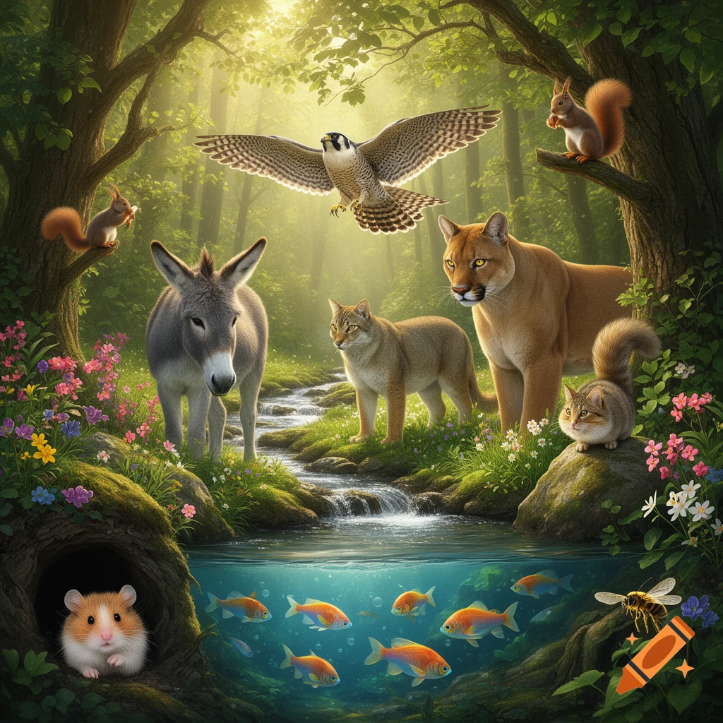 A vibrant, photorealistic forest scene with a variety of animals including a donkey, cougar, cat, flying falcon, squirrels, fish in a stream, hamster in a burrow, and a bee.