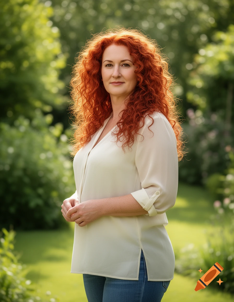 A smiling woman with long, curly red hair, wearing a cream blouse and jeans, stands in a lush green garden.