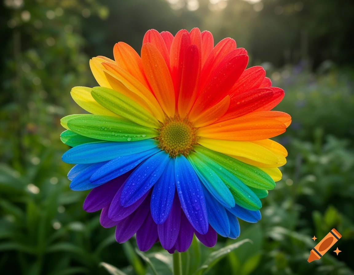 A vibrant flower with petals displaying the colors of the rainbow, against a soft green, natural background.