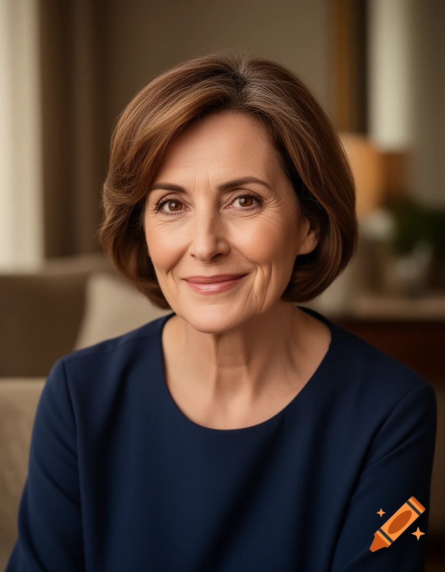 Photorealistic portrait of a smiling older woman with short brown hair, wearing a navy blue top, against a blurred indoor background.