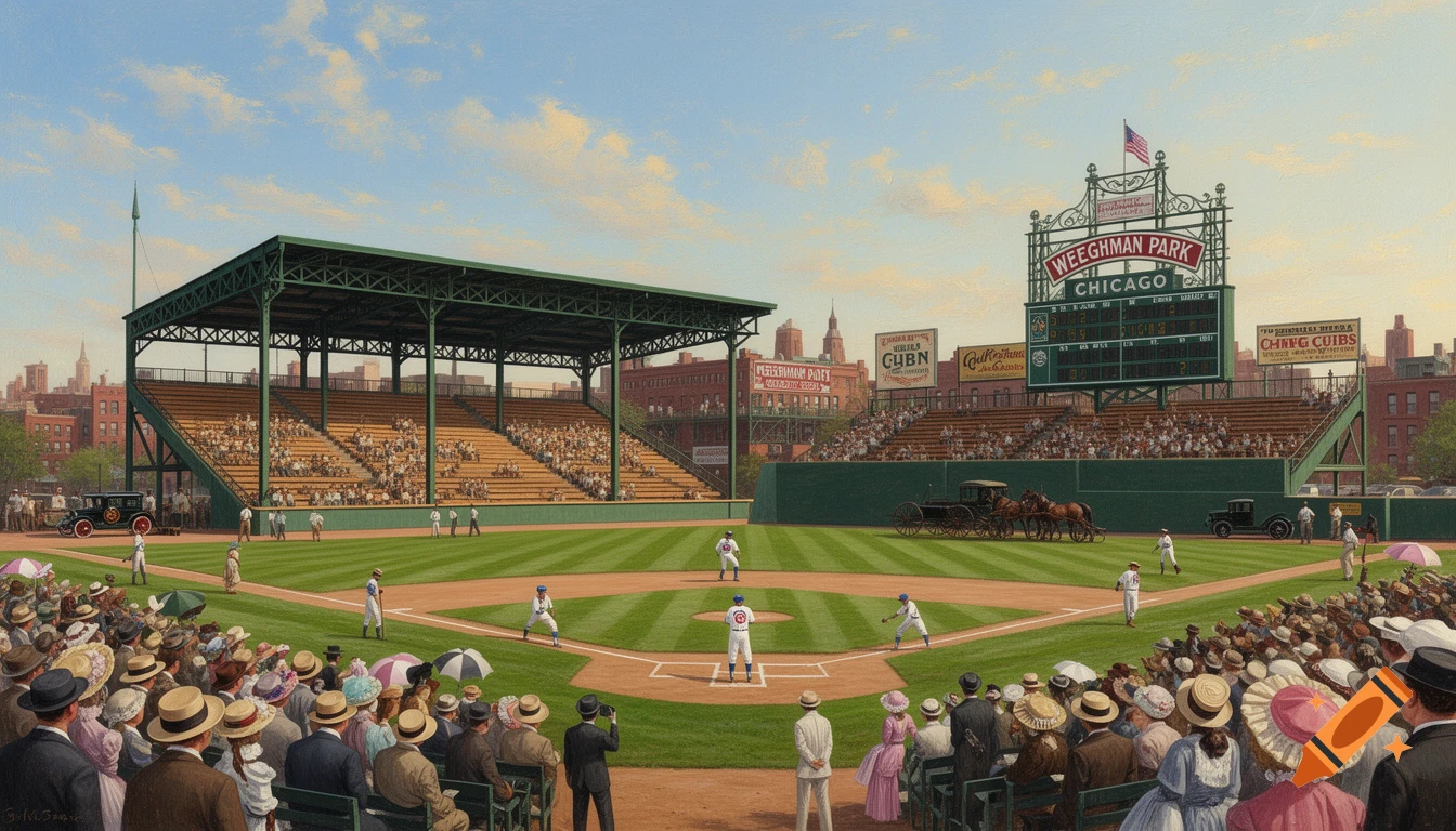 A full-color painting of a 1916 baseball game at Weeghman Park, Chicago, with players on a green field and spectators in period clothing filling the grandstands under a blue sky.