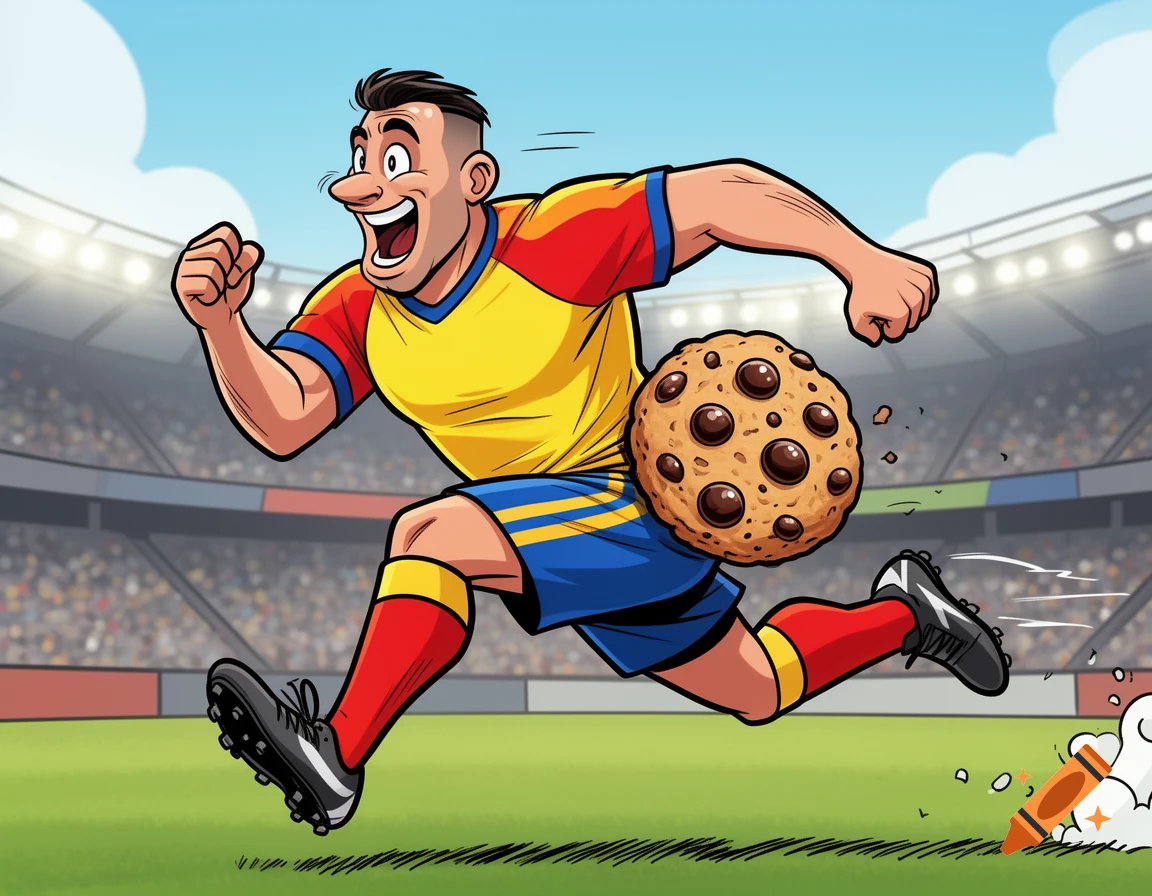 A cartoon soccer player in a yellow and red uniform runs on a green field in a stadium, kicking a giant chocolate chip cookie.