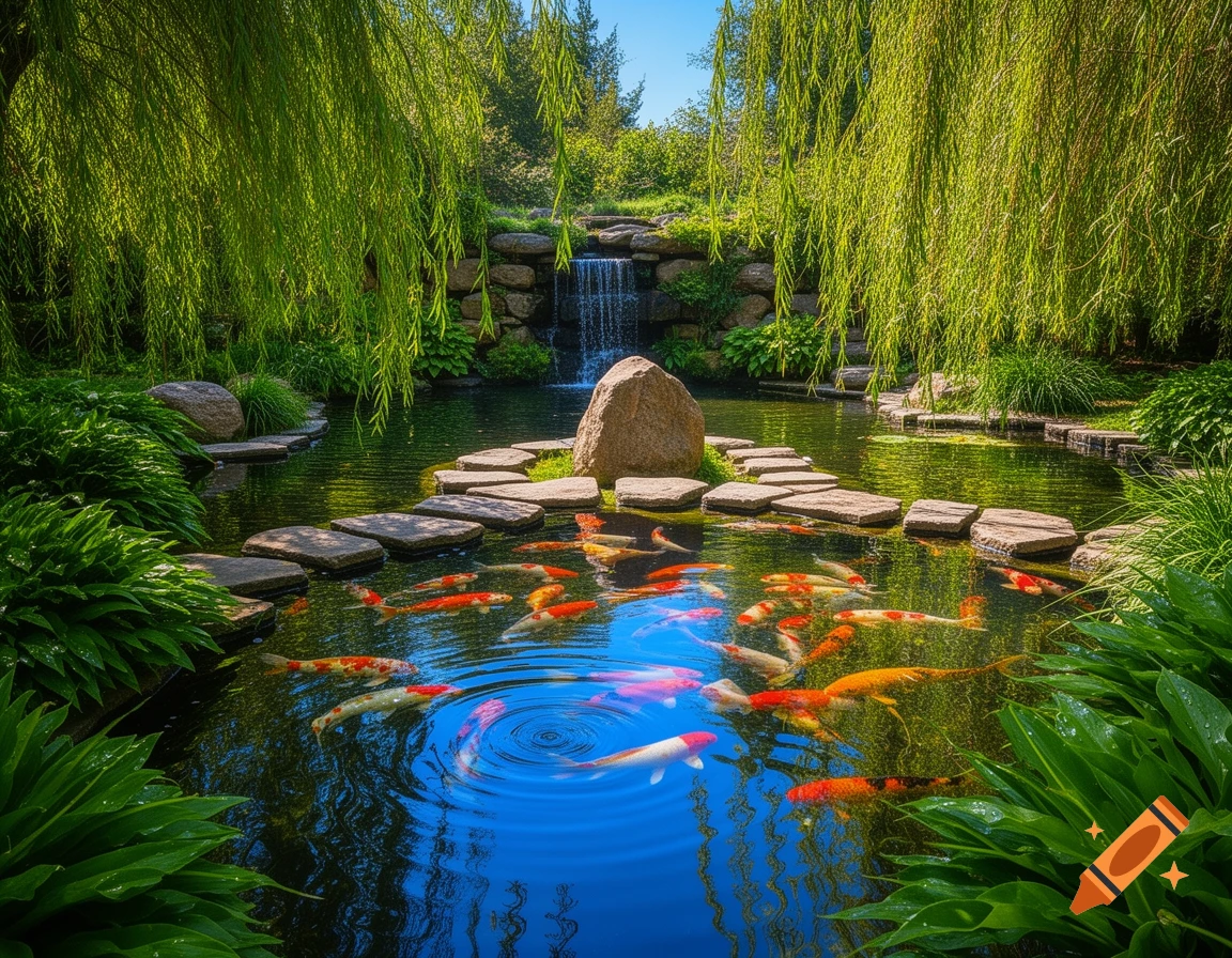 A vibrant koi pond with colorful fish swimming among stepping stones, surrounded by lush green weeping willow trees and a small waterfall.