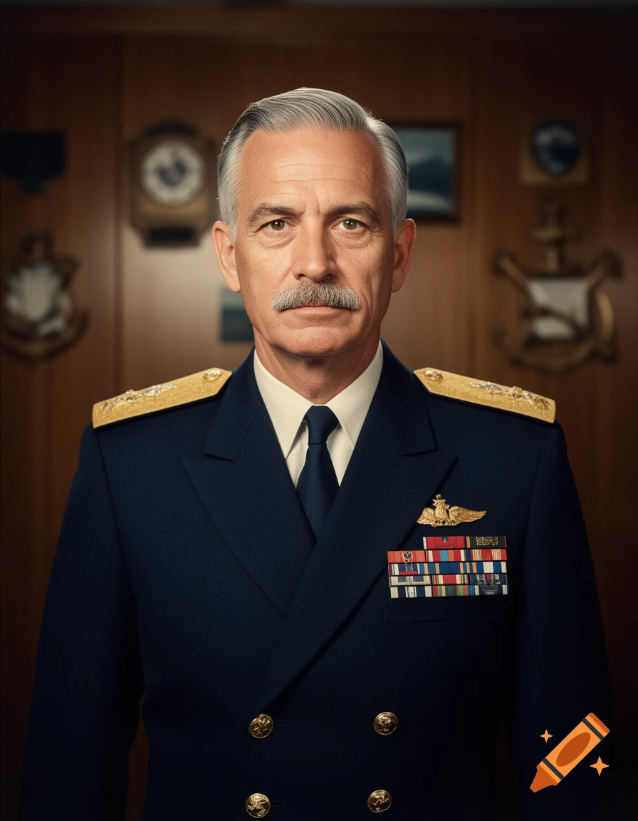 Photorealistic portrait of a distinguished commanding officer in a dark blue military uniform with medals and insignia.