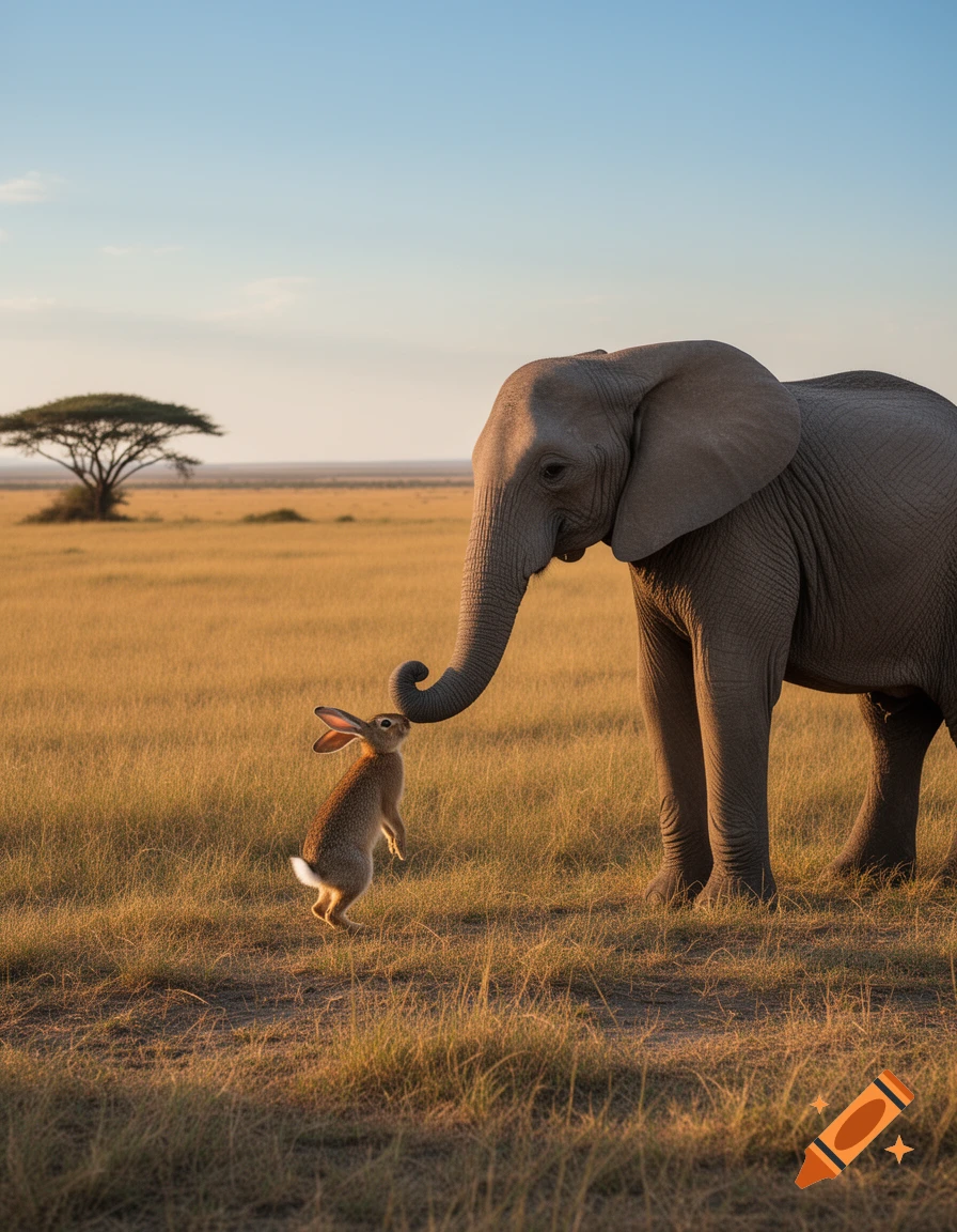 An elephant gently touches its trunk to a rabbit standing on its hind legs in a sunlit savanna with an acacia tree.