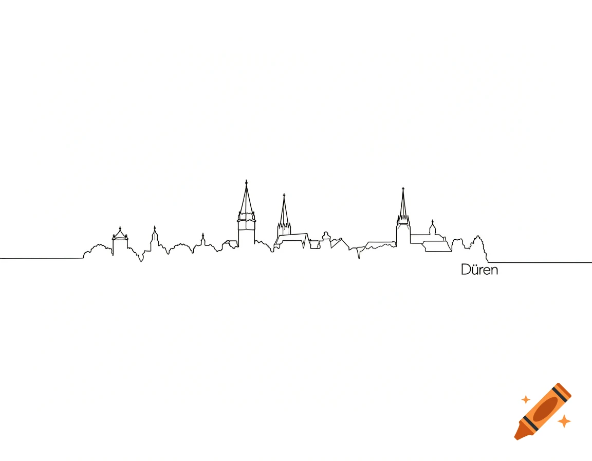 A minimalist black and white line drawing depicting the Düren city skyline with its name.