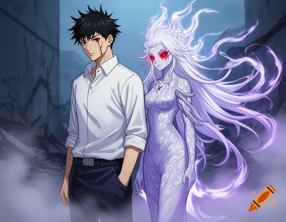 An anime-style image of a dark-haired male with a face scratch standing next to an ethereal white-skinned female with red eyes and purple energy.