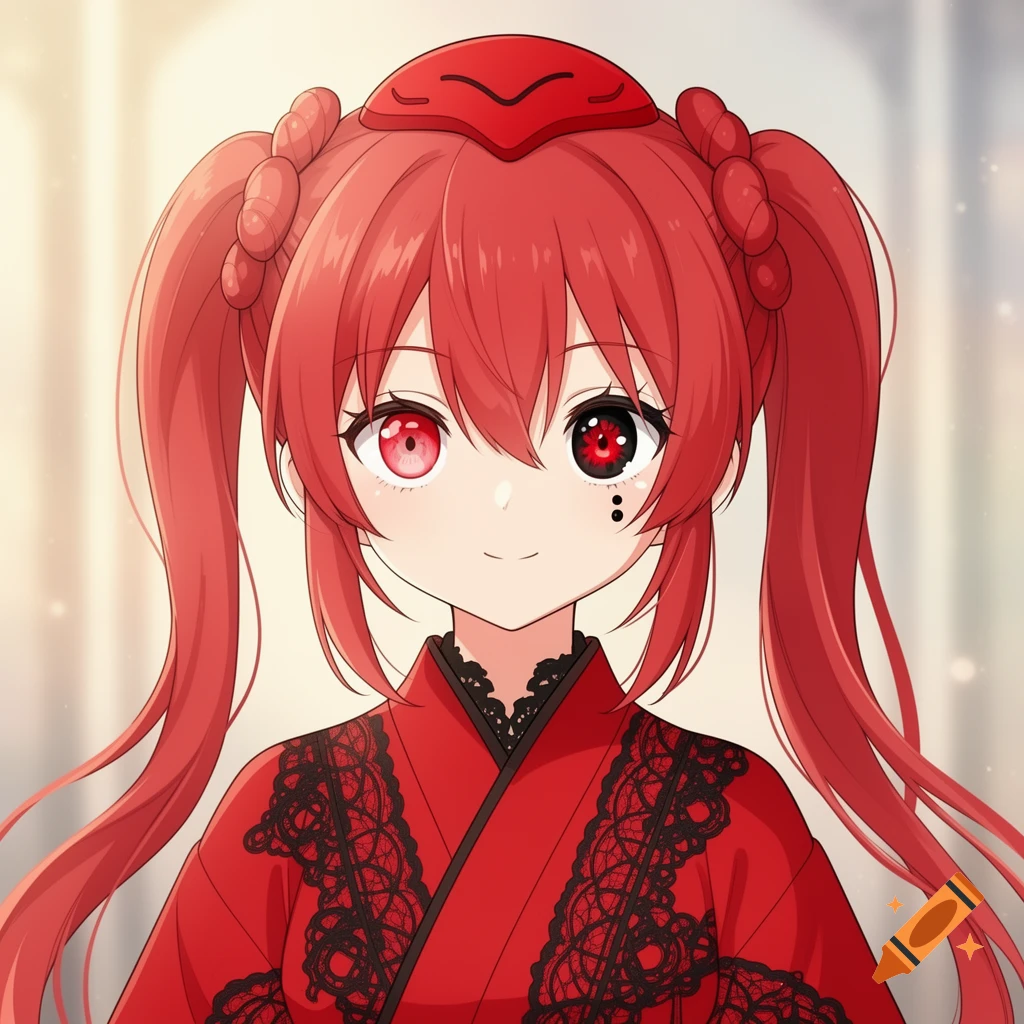 An anime girl with long red hair in pigtails, red and black odd eyes, and a small mole under her right eye, wears a red kimono with black lace accents and a red headpiece.