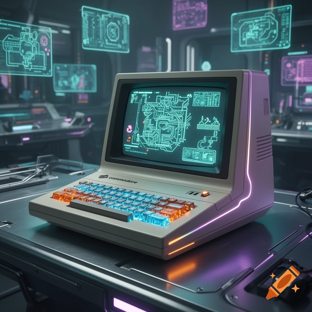 A futuristic Commodore 64-style computer with neon lights and a glowing keyboard sits on a desk, displaying circuit diagrams on its screen and holographic panels in a dimly lit, high-tech room.