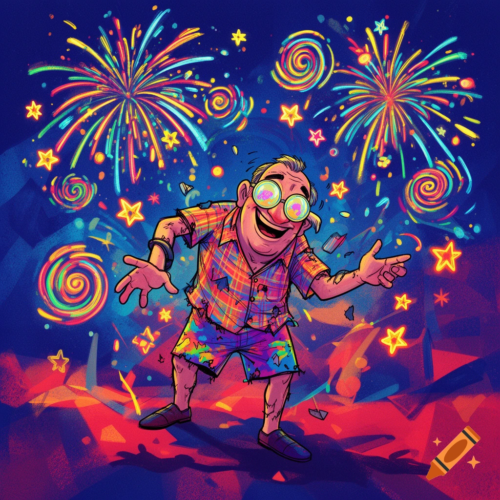A cartoonish, disheveled man with goggles joyfully dances amidst colorful fireworks and confetti in a vibrant illustration.