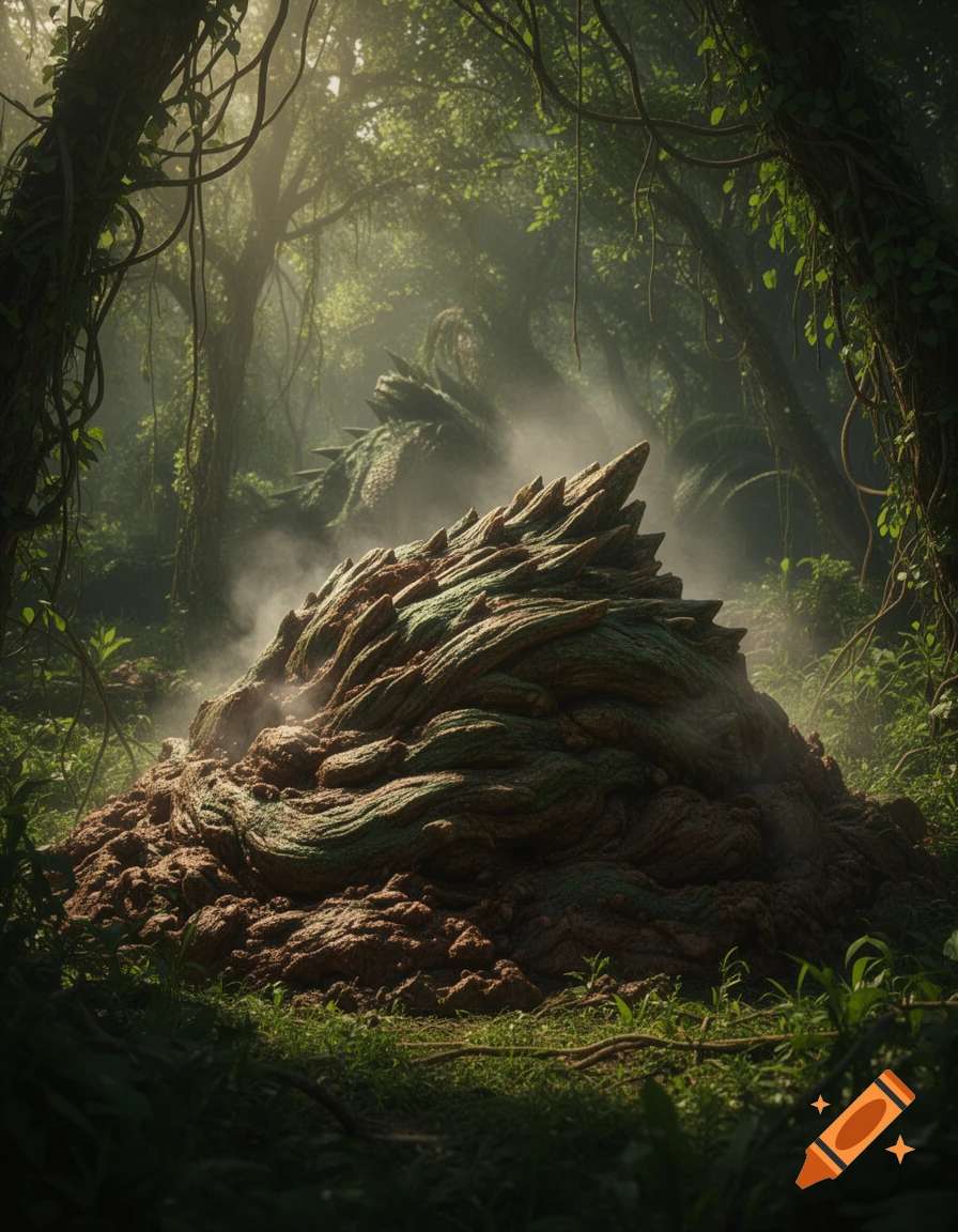 A large, spiky, organic mound emitting mist sits in a lush, misty jungle with dense foliage and trees.